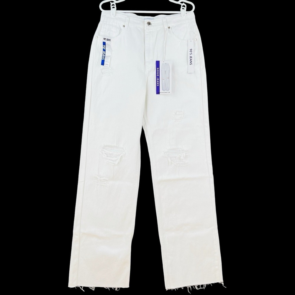 NWT GOGO Women 90's White Denim Jeans Sz 13 Destructed Super High Rise Clean Hem